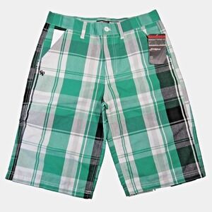 Southpole Shorts Boys 20 Green Plaid Bermuda Straight Preppy Golf Casual Y2k NEW